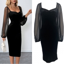 Fashion Sweetheart Neckline Gauze Spliced Puff Long Sleeve Bodycon Velvet Dress