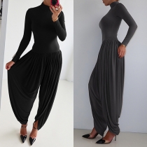 Street Fashion Mock Neck Long Sleeve Ruched Jumpsuit