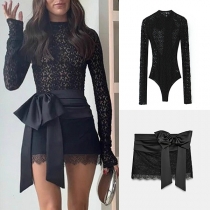 Fashion Lace Two-piece Set Consist of Semi-through Backless Lace Bodysuit and Bowknot Mini Skirt