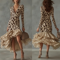 Fashion Leopard Printed V-neck Long Sleeve Ruffle High-low Hemline Party Dress