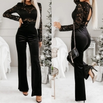 Fashion Lace Spliced Crew Neck Long Sleeve Straight-cut Jumpsuit