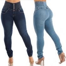 Fashion Elastic High-rise Button Fly Old-washed Skinny Jeans