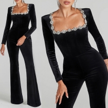 Elegant Floral Rhinestone Square Neck Long Sleeve Straight-cut Jumpsuit
