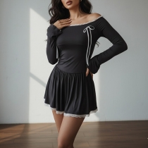 Sexy Lace Spliced Off-the-shoulder Bowknot Long Sleeve Mini Dress