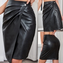 Fashion Side Button Ruched Side Slit Artificial Leather PU Skirt