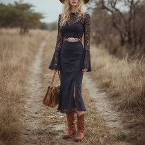 Vintage Crew Neck Trumpet Long Sleeve Side Slit Lace Dress