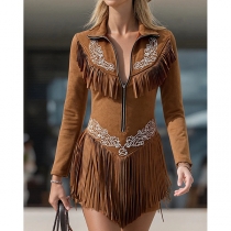 Casual Western Style Half-zipper V-neck Floral Embpridery Tassle Mini Dress