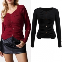 Fashion V-neck Long Sleeve Button Ruched Irregular Hemline Shirt