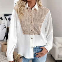Fashion Bling-bling Sequined Spliced Polo Neck Long Sleeve Front Button Blouse