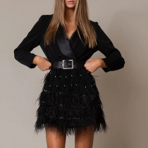 Elegant Lapel V-neck Long Sleeve Feather Spliced Tiered Suit Dress with Belt