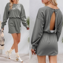 Casual Crew Neck Long Sleeve Elastic Waist Backless Mini Dress