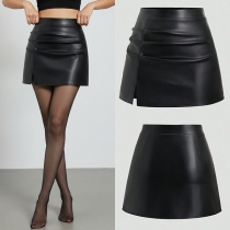 Fashion Ruched Side Slit Artificial Leather PU Mini Skirt