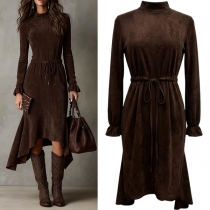 Fashion Crew Neck Long Sleeve Drawstring Waist Irregular Hemline Midi Dress