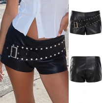 Punk Style Low-rise Artificial Leather PU Shorts with Rivet Belt