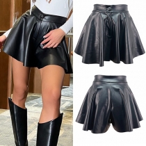 Sexy High-rise Ruffle Artificial Leather PU Shorts