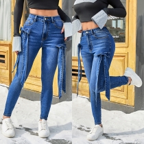 Fashion High-rise Side Bowknot Old-washed Skinny Jeans