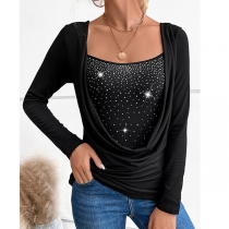 Fashion Square Neck Rhinestone Long Sleeve Draped Mock Two-piece Shirt