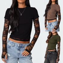 Fashion Crew Neck Lace Spliced Long Sleeve Crop Shirt