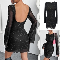 Fashion Bling-bling Crew Neck Long Sleeve Sequined Backless Semi-through Dress