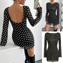 Fashion Polka-dot Printed Crew Neck Long Sleeve Backless  Semi-through Bodycon Dress