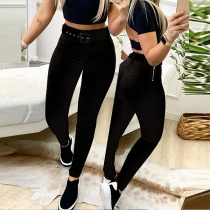 Fashion Solid Color Side Zipper Skinny Pants with Belt