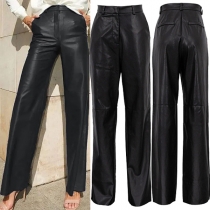 Fashion Solid Color Straight-cut Artificial Leather PU Pants