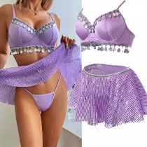 Sexy Bling-bling Sequin Tassel Three-piece Lingerie Set