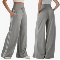 Casual Drawstring High-rise Side Stripe Printed Wide-leg Pants
