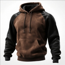 Fashion Artificial Leather Spliced Long Sleeve Kangaroo Pocket Drawstring Hooded Sweatshirt for Men