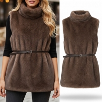 Fashion Mock Neck  Sleeveless Plush Shirt with Belt
