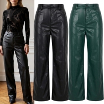 Fashion Solid Color Straight-cut Artificial Leather PU Pants