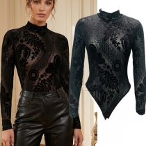 Fashion Floral Embroidered Mock Neck Long Sleeve Semi-through Bodysuit