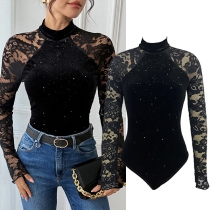 Fashion Bling-bling Mock Neck Lace Spliced Long Sleeve Bodysuit