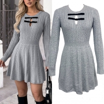 Fashion Crew Neck Long Sleeve Bow-knot Front Cutout Texture Mini Dress