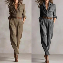 Vintage Plaid Stand Collar Front Button Long Sleeve Jumpsuit