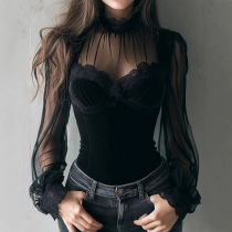 Vintage Lace Crew Neck Guze Spliced Long Sleeve Shirt