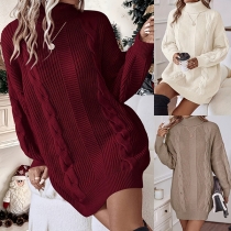 Fashion Turtleneck Long Sleeve Cable Knitted Sweater Dress