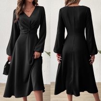 Fashion V-neck Long Sleeve Ruched High-rise Midi Dress