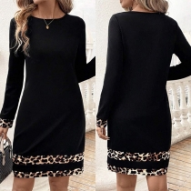 Fashion Crew Neck Long Sleeve Leopard Printed Spliced Dress