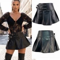 Fashion Side Buckle High-rise Ruffle Artificial Leather PU Skirt