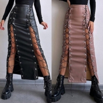 Street-fashion Lace-up Artificial Leather PU Skirt