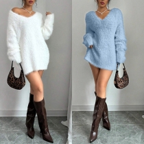 Fashion Plush V-neck Long Sleeve Mini Dress