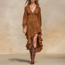 Fashion V-neck Front Button Long Sleeve Ruffle Irregular Hemline Dress