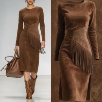 Fashion Crew Neck Long Sleeve Tassel Bodycon Dress