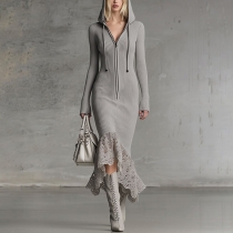 Fashion Half-zipper V-neck Long Sleeve Lace Spliced Hemline Drawstring Hooded Ribbed Dress