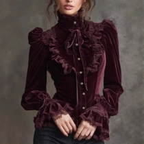 Vintage Mock Neck Puff Long Sleeve Front Button Ruffle Velvet Blouse