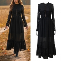 Elegant Front Button Long Sleeve Lace Spliced Maxi Dress (without Belt)
