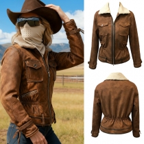 Vintage Stand Collar Long Sleeve Front Zipper Gathered Waist Jacket