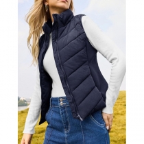Fashion Stand Collar Sleeveless Front Zipper Quilted Vest