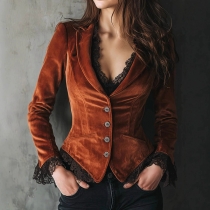 Fashion Lace Spliced V-neck Long Sleeve Irregular Hemline Velvet Shirt